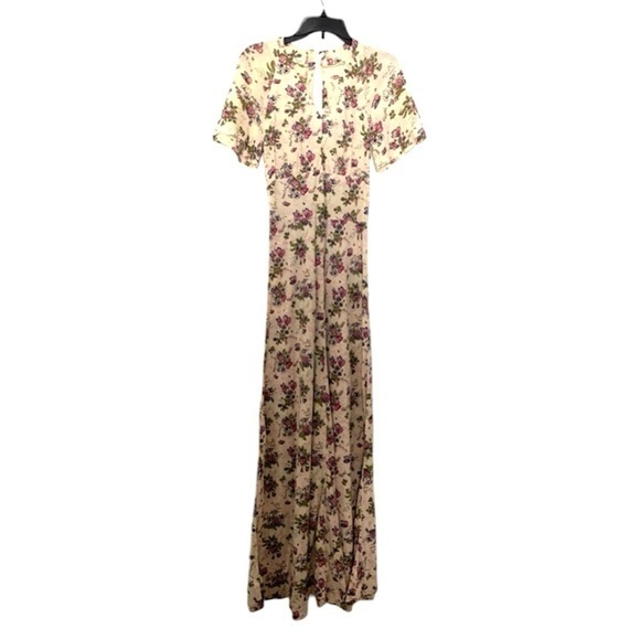 Vintage Boho CottageCore Floral Maxi Dress Cream Pink Green Blue Small Medium - Picture 1 of 14